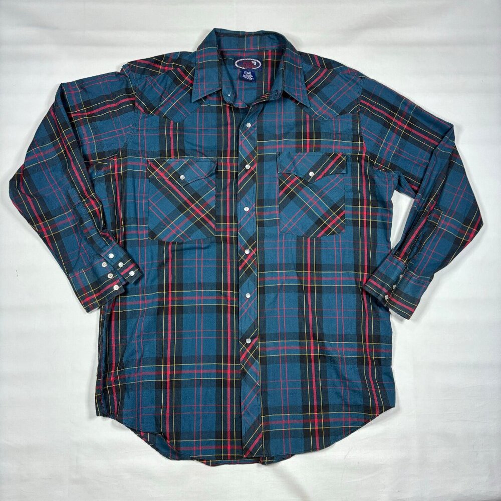 VTG W-B Western Wear Blue Plaid Pearl-Snap Button Shirt Mens XL 17 1/2-35